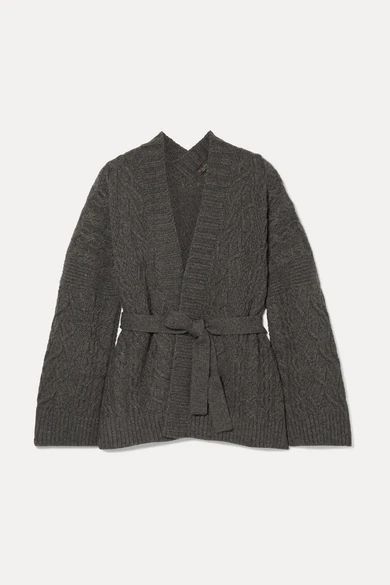 - Belted Cable-knit Cashmere Cardigan - Dark gray