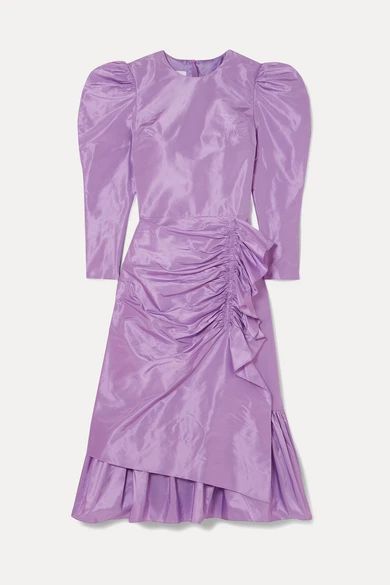 - Ruched Ruffled Silk-taffeta Midi Dress - Purple