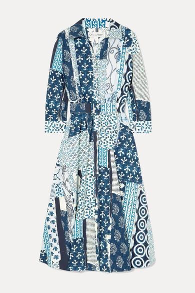 - Belted Patchwork Printed Woven Midi Dress - Blue
