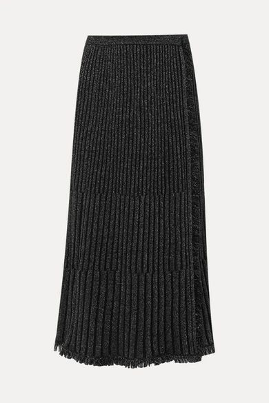- Brooklyn Fringed Ribbed Metallic Merino Wool-blend Midi Skirt - Black