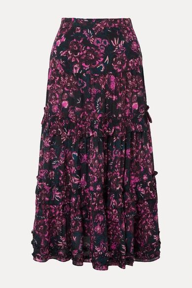 - Amalia Tiered Floral-print Cotton-blend Voile Midi Skirt - Dark purple