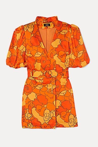 - Mila Belted Floral-print Satin-twill Mini Dress - Orange