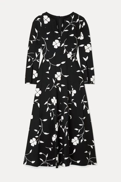 - Pleated Floral-print Wool-blend Crepe Midi Dress - Black