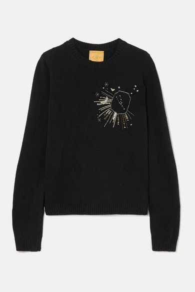 - Taurus Embellished Embroidered Wool Sweater - Black