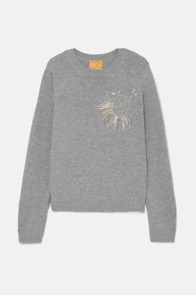 - Virgo Embellished Embroidered Wool Sweater - Gray
