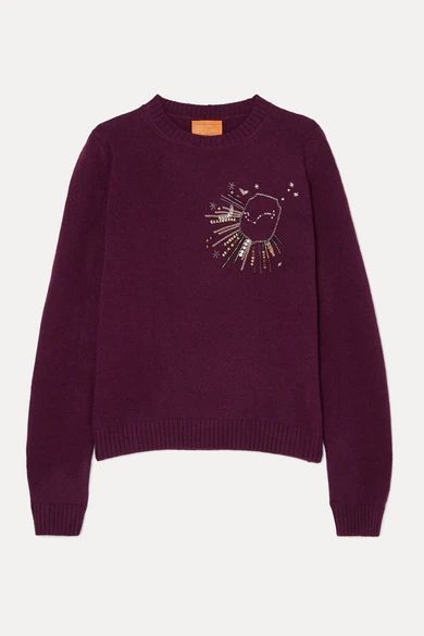 - Scorpio Embellished Embroidered Wool Sweater - Burgundy