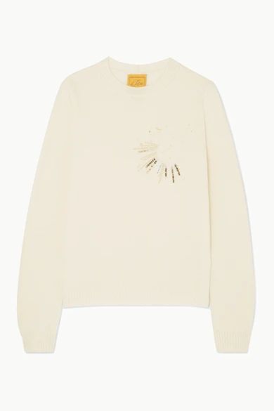 - Cancer Embellished Embroidered Wool Sweater - Cream