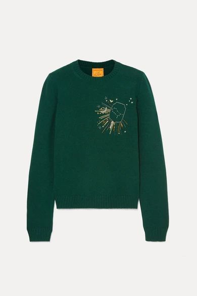 - Gemini Embellished Embroidered Wool Sweater - Green