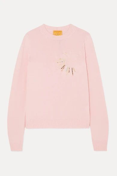 - Pisces Embellished Embroidered Wool Sweater - Pink