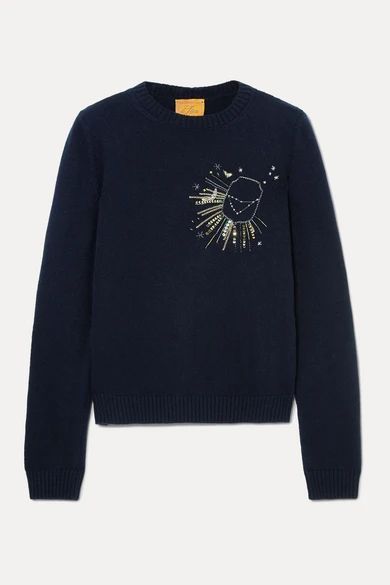 - Capricorn Embellished Embroidered Wool Sweater - Navy