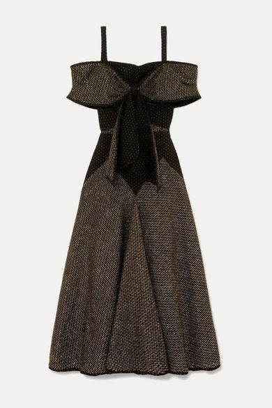 - Lily Bow-detailed Cold-shoulder Metallic Crepe Midi Dress - Black