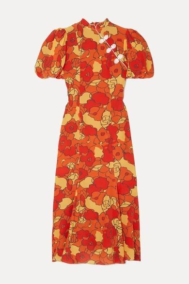 Bluebell Appliquéd Floral-print Silk-georgette Midi Dress - Orange