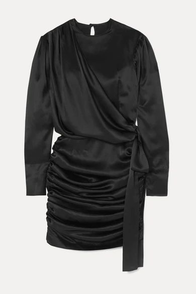 - Gathered Silk-satin Mini Dress - Black