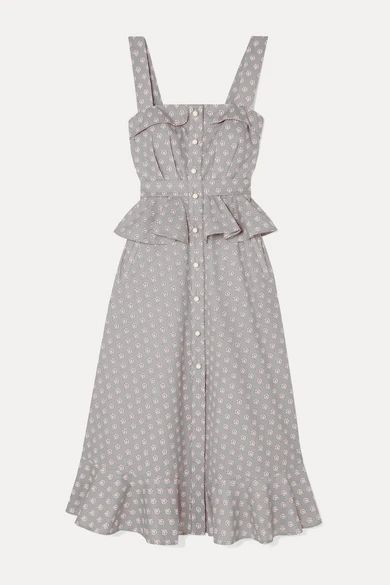 - Olivia Ruffled Printed Cotton Midi Dress - Gray