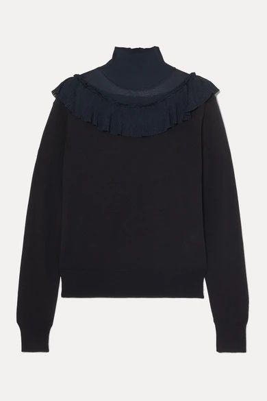 - Ruffled Ribbed-knit And Wool Sweater - Navy