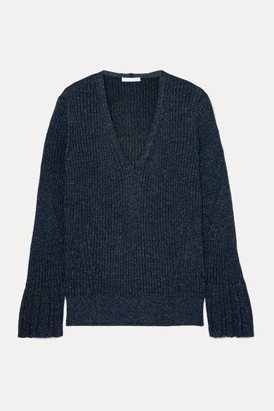 Metallic Ribbed-knit Sweater - Midnight blue