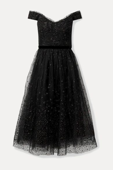 - Off-the-shoulder Glittered Tulle Gown - Black