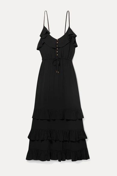 - Bethan Tiered Ruffled Crepe De Chine Midi Dress - Black
