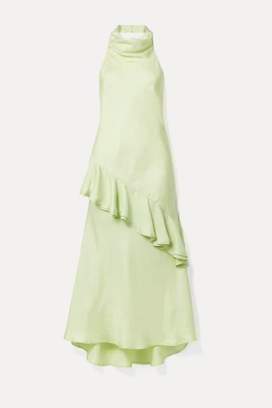 - + Net Sustain Palm Springs Draped Ruffled Silk-satin Twill Midi Dress - Light green