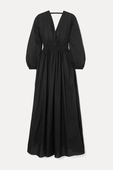 - Open-back Gathered Cotton-poplin Maxi Dress - Black