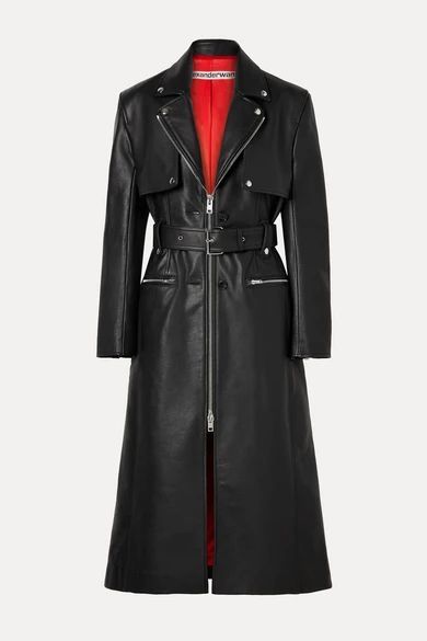 - Belted Leather Trench Coat - Black