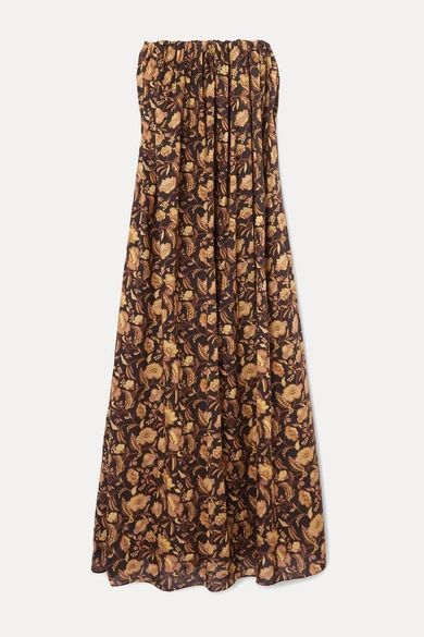 - Strapless Floral-print Cotton-poplin Maxi Dress - Brown