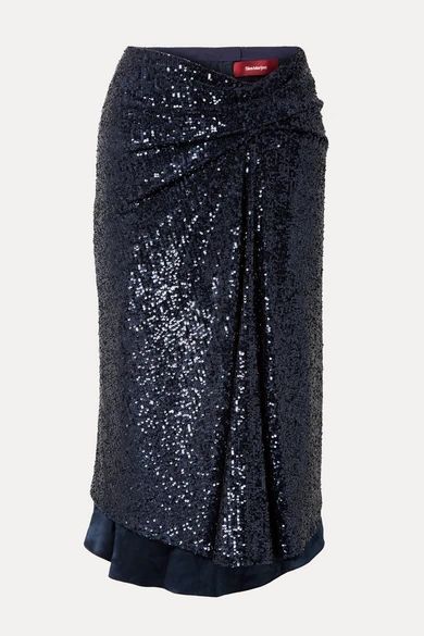 Kayla Draped Sequined Tulle Midi Skirt - Midnight blue