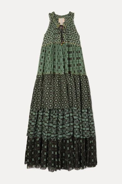 - Hippy Tiered Printed Cotton-voile Maxi Dress - Dark green