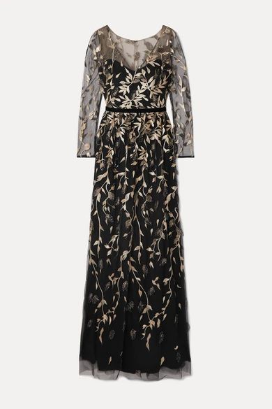 - Velvet-trimmed Embroidered Glittered Tulle Gown - Black