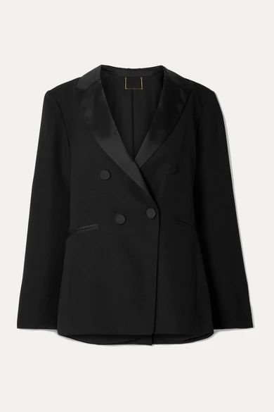 - Double-breasted Satin-trimmed Crepe Blazer - Black