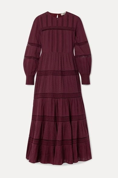 - Pascale Crochet-trimmed Embroidered Cotton-voile Maxi Dress - Burgundy