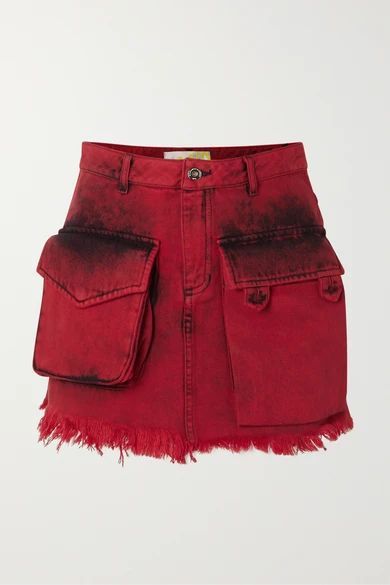 - Frayed Acid-wash Denim Mini Skirt - Red