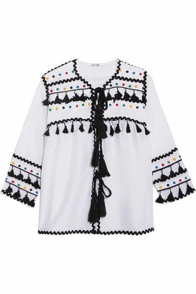 - Embellished Embroidered Cotton-gauze Top - White
