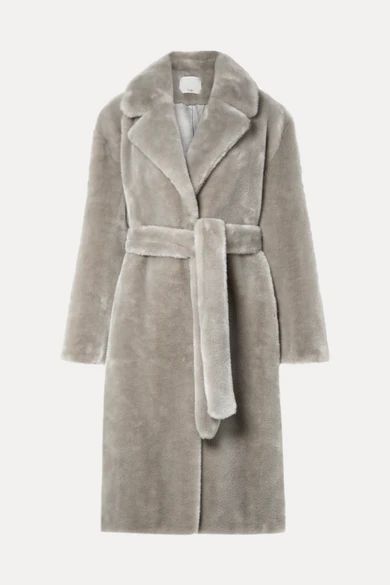 - Oversized Belted Faux Fur Coat - Stone