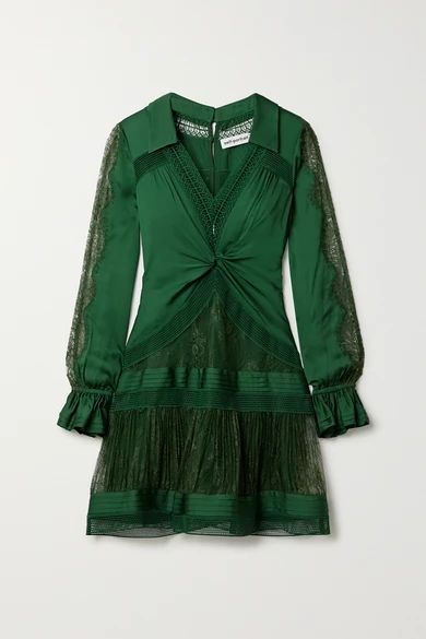 - Twist-front Paneled Satin-twill, Lace And Mesh Mini Dress - Dark green