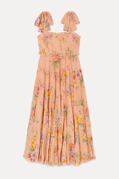 - Zinnia Shirred Floral-print Cotton And Silk-blend Crepon Midi Dress - Pastel orange