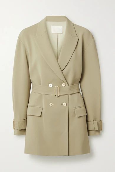 - Oversized Double-breasted Belted Crepe Blazer - Light green