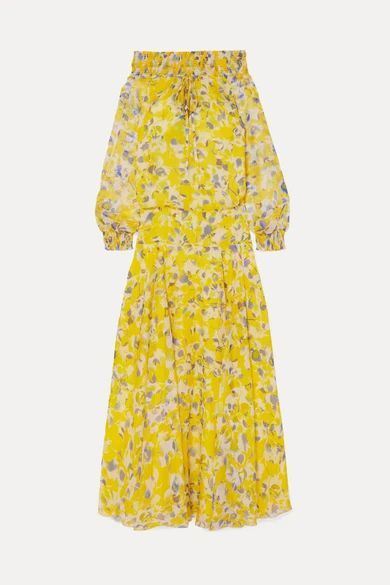 - Monique Off-the-shoulder Shirred Floral-print Chiffon Maxi Dress - Yellow