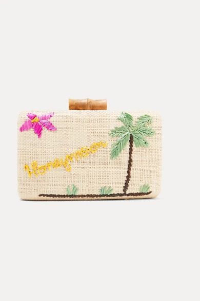 Embroidered Woven Straw Clutch - Neutral