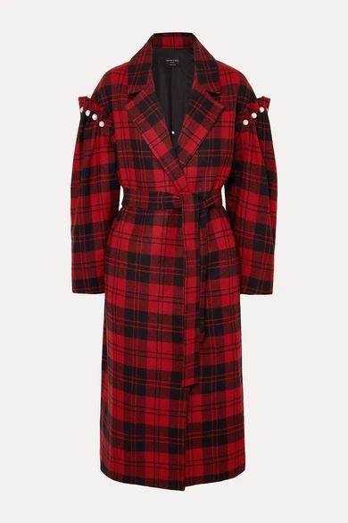 - + Net Sustain Webb Belted Faux Pearl-embellished Checked Wool Coat - Red