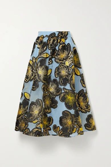 - Laila Metallic Floral-jacquard Midi Skirt - Light blue