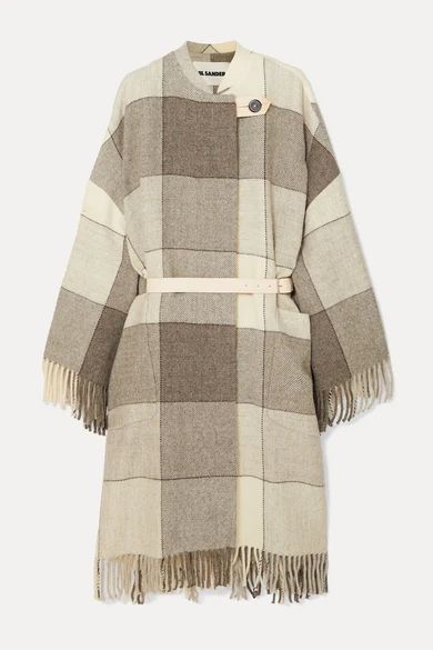 - Belted Fringed Checked Wool-twill Coat - Gray