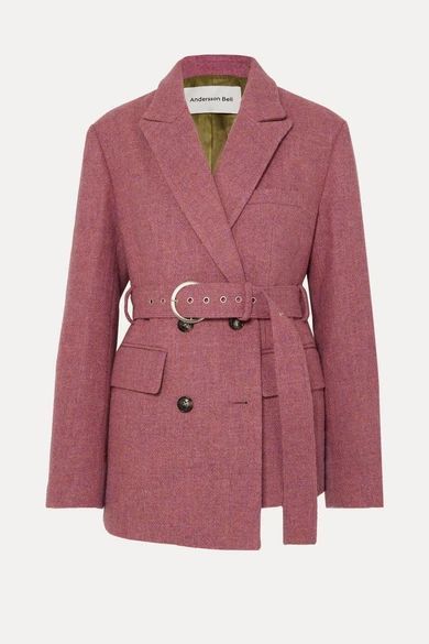 - Oversized Asymmetric Belted Wool-tweed Blazer - Pink