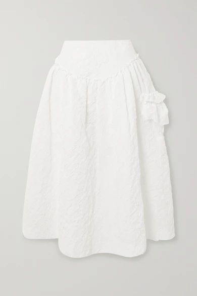 - Ruffled Cloqué Midi Skirt - White