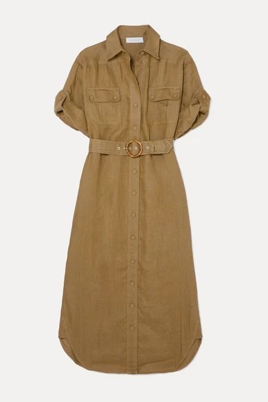 - Super Eight Belted Linen Midi Dress - Army green
