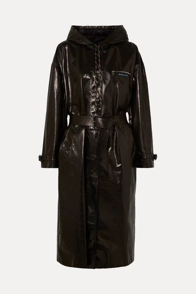 - Hooded Patent-leather Trench Coat - Black