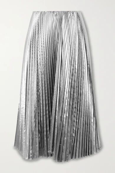 - Pleated Lamé Midi Skirt - Silver