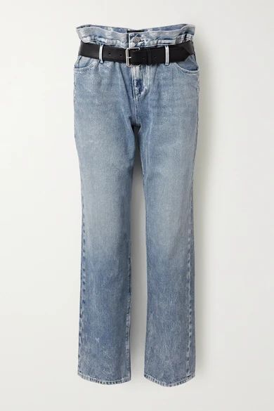 Dexter Belted Distressed Metallic High-rise Straight-leg Jeans - Light blue