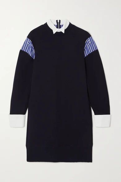Layered Poplin-paneled Cotton-blend Jersey Mini Dress - Navy