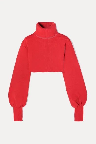 - Distressed Cropped Ribbed-knit Turtleneck Sweater - Red